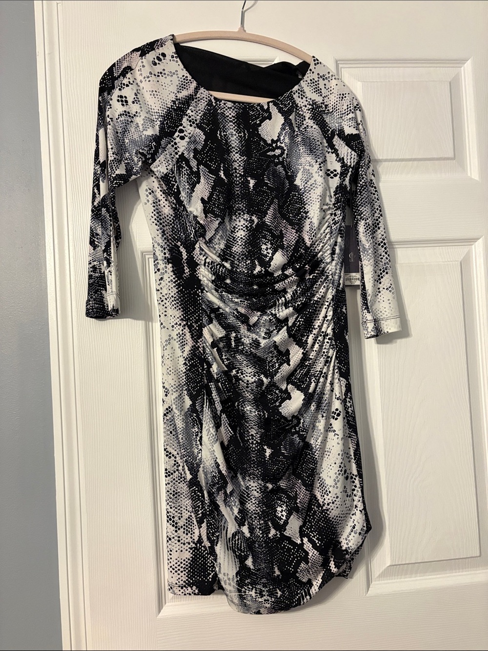 Jennifer Lopez Black and White Ruched Snake-Print Midi Dress